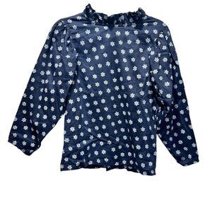 Mabo Ruffle Collar Long Sleeve Navy Blouse with White Floral Accent Size 6-7